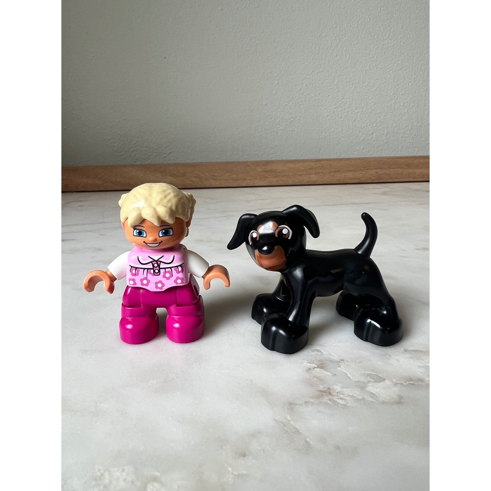 Lego Duplo Blonde Girl Minifig Figure Black Dog Animal Rottweiler Puppy Toys